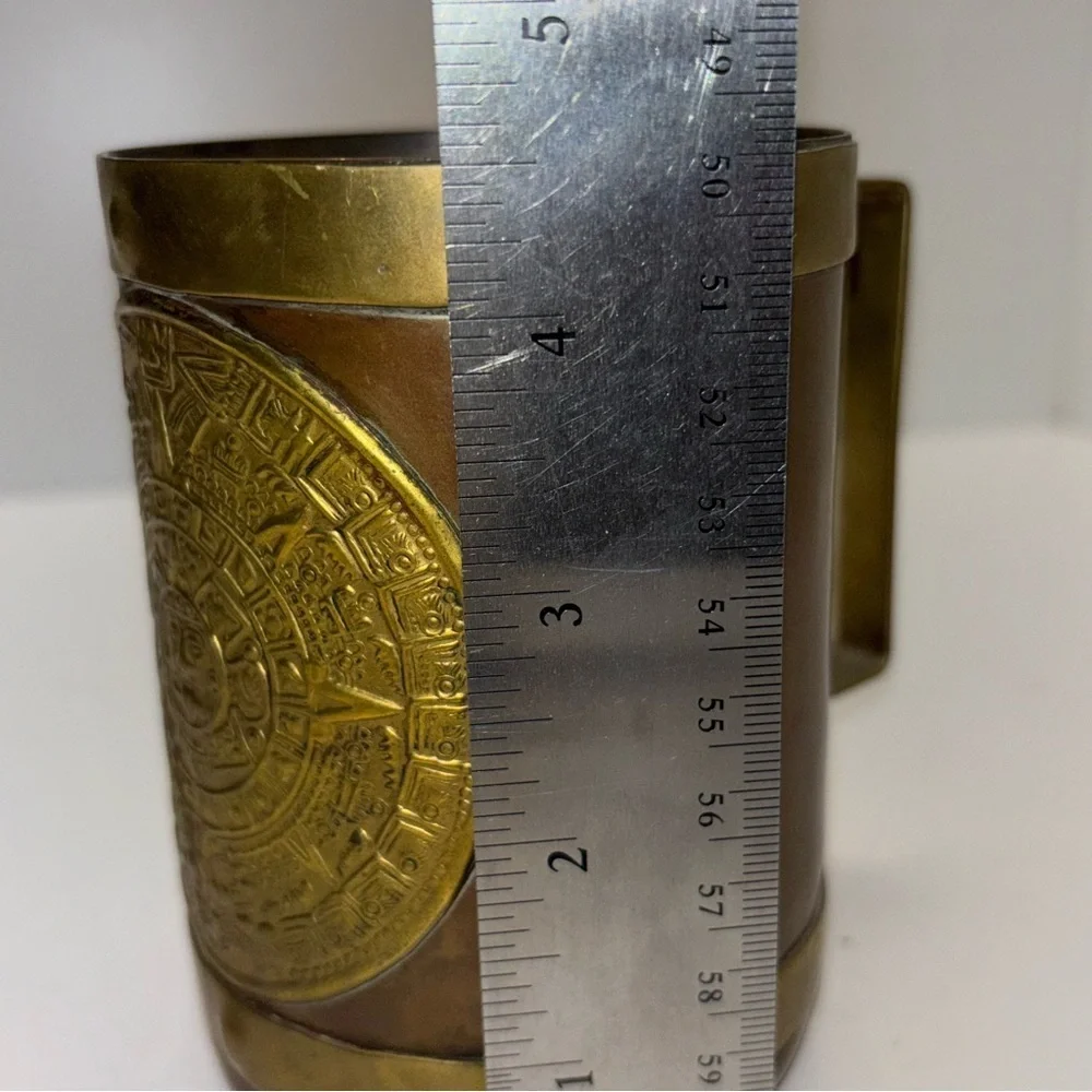 Vintage souvenir copper & brass Mayan Aztec sun god Mexican mug - Picture 7 of 8